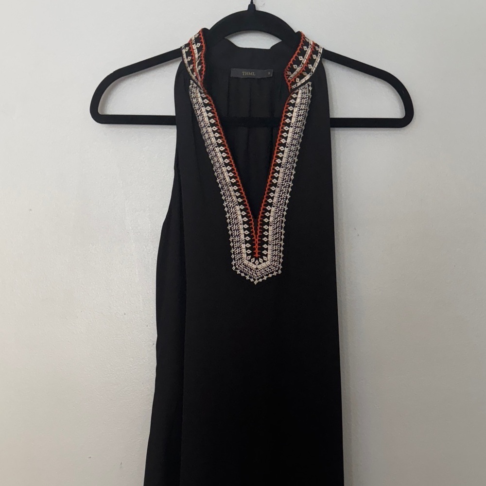 Black Sleeveless Dress with Embroidered Trim - Picture 2 of 5